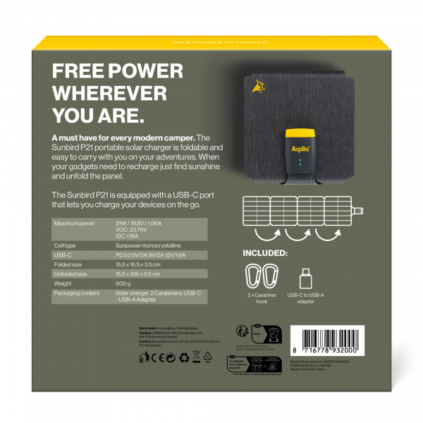 Aqiila Solar Charger Sunbird P21 Grey 21W, Solarpanel mit USB-C-Anschluss