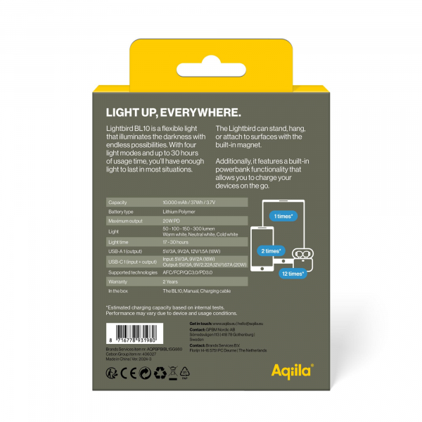 Aqiila Lightbird BL10 - Lampe: 300 Lumen Powerbank: 10'000mAh, 20W Leistung, IP67