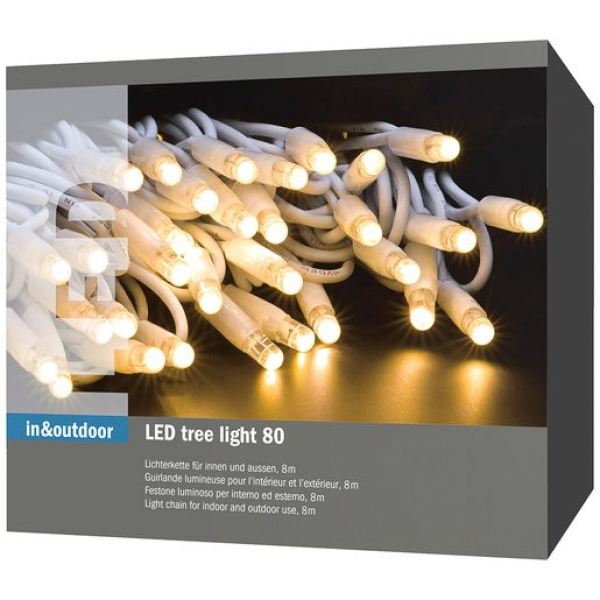 Lichterkette Tree Light warm white PLR, indoor & outdoor, 80xLED, 8 Meter Länge, Kabel weiss